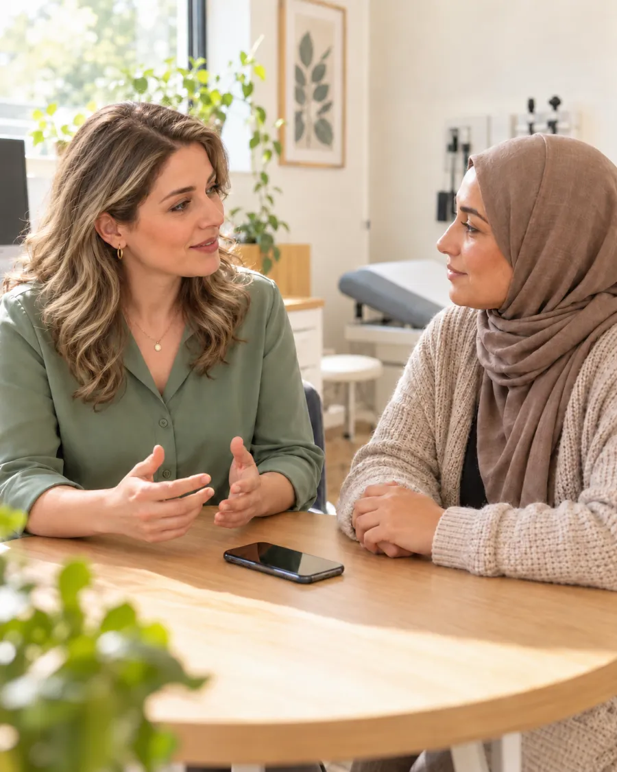 Huisarts in gesprek met een patiënte; de telefoon ligt op tafel